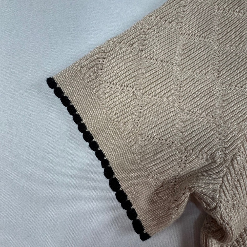 Adrianna Papell Womens Beige Diamond Knit Short Sleeve Sweater Top Black Trim L - Picture 3 of 7